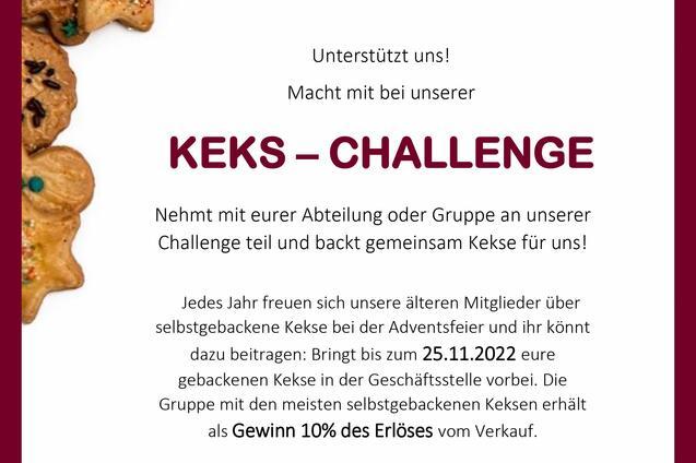 Bunte, festliche Plätzchen in verschiedenen Formen, umrahmt von einem Einladungstext zur Keks-Challenge.