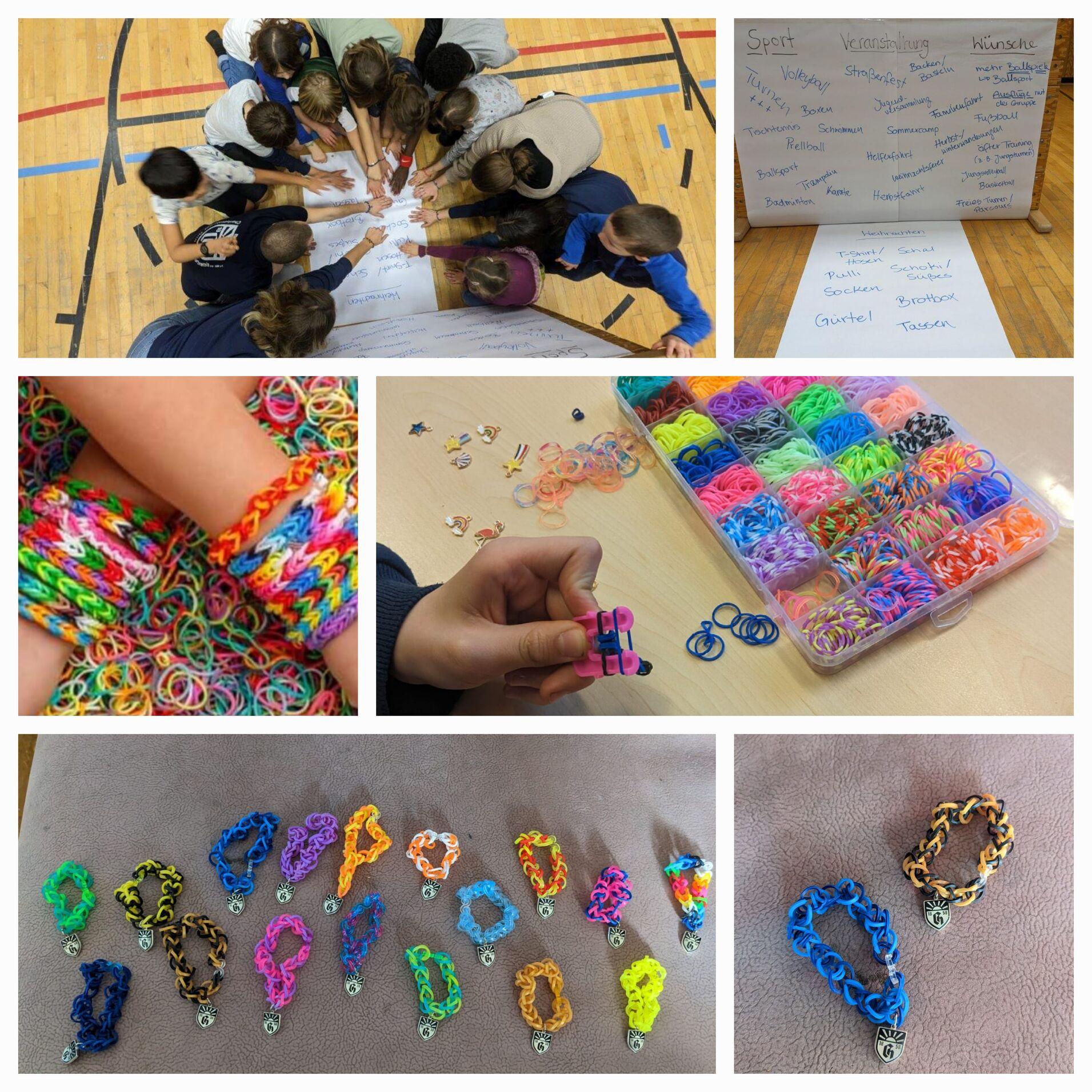 Kinder arbeiten zusammen an einem Projekt, während verschiedene bunte Gummibänder und Armbänder auf Tischen liegen.