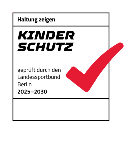 Label zur Kinderschutz-Zertifizierung mit rotem Häkchen, geprüft durch den Landessportbund Berlin 2025–2030.